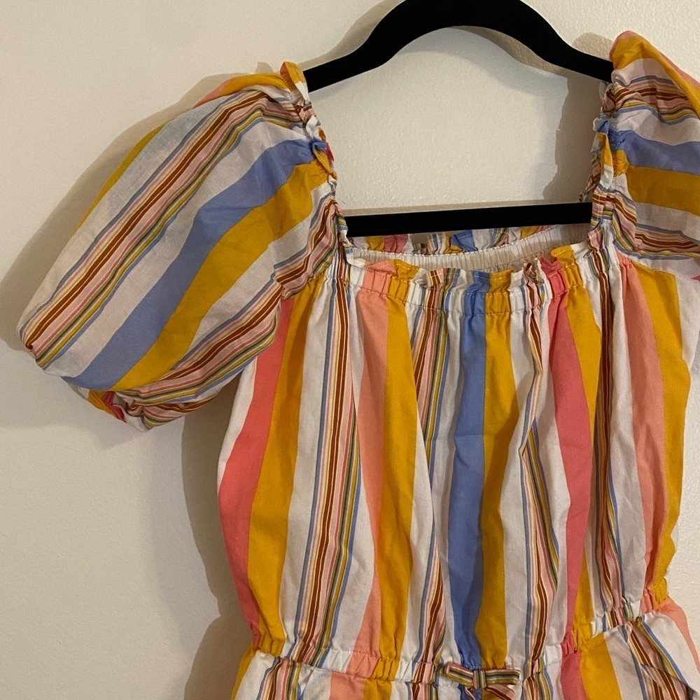 Janie and Jack Girls Size 8 Colorful Cotton Striped Ruffle Bubble Sleeve Romper - Picture 2 of 7